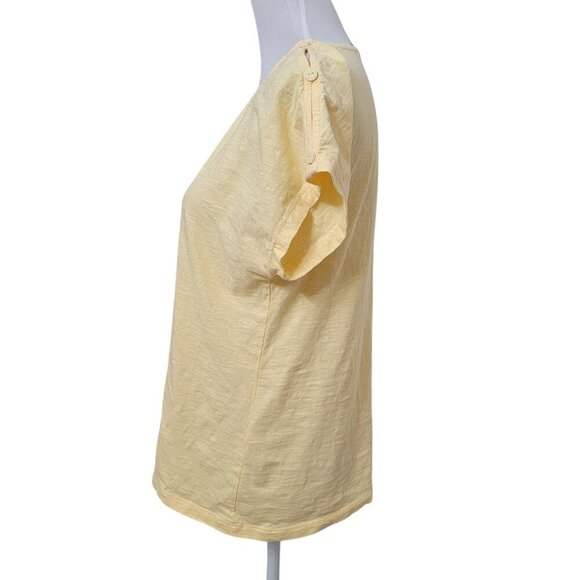 Chico's Size 1 Butter Yellow Slub Cotton Peek a Boo Button Shoulder T Shirt - Picture 3 of 13